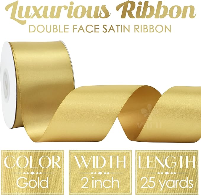 MEEDEE Gold Satin Ribbon 2 Inch Gold Ribbon Lux Double Faced Ribbons by 25 Yards Silk Satin Ribbons for Gift Wrapping, DIY Crafts, Wedding, Flower Bouquet, Holiday Decorating