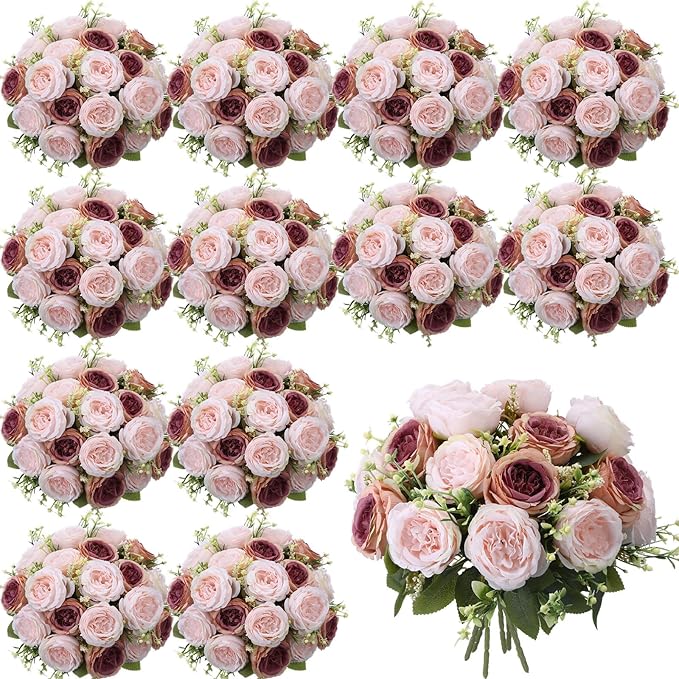 Geosar 24 Bundles Artificial Peonies Flowers Fake Silk Peony Bouquet Faux Peonies Flowers Bulk for Decoration Vase Floral Arrangements Wedding Party Table (Dusty Rose)