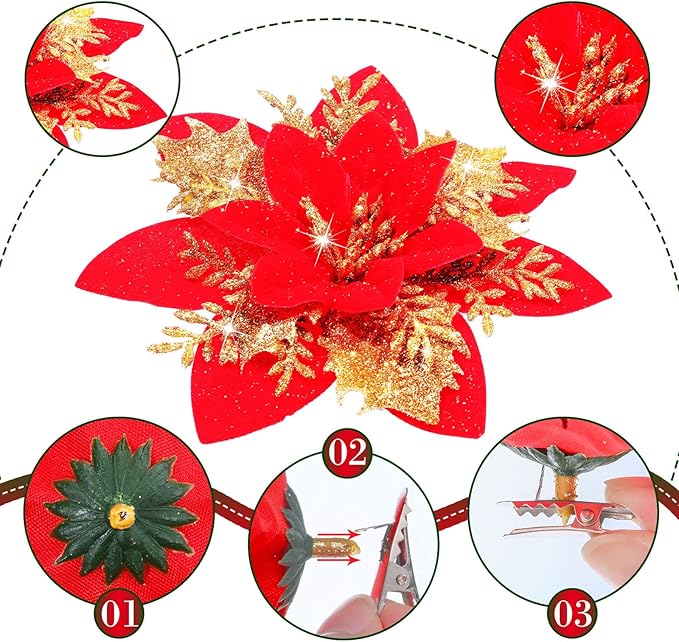 24 Christmas Glitter Artificial Poinsettia Flowers Xmas Poinsettia Artificial Wedding Flowers Decorations Xmas Tree Ornaments with Clips for Party Favors, 6 Inch, 4 Inch, 3 Inch (Red and Gold)