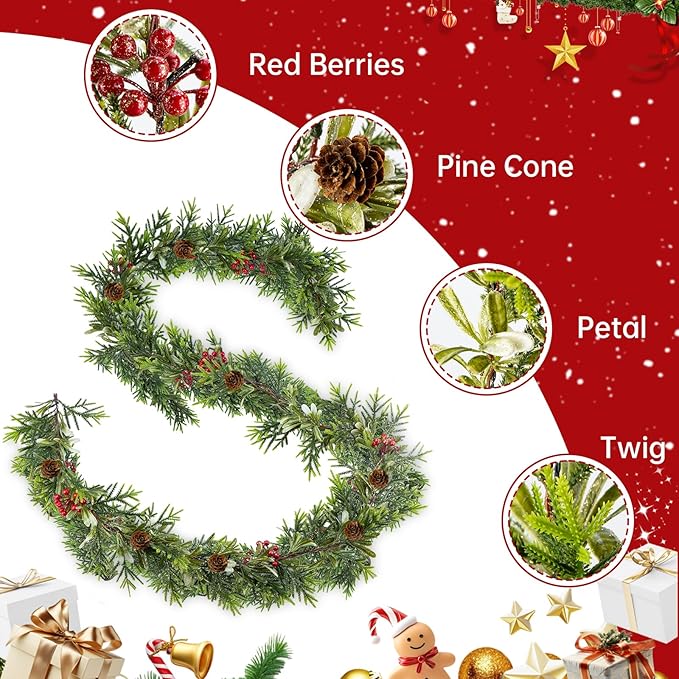 6FT Christmas Garland – Artificial Norfolk Pine Olive Garland with Red Berries, Pinecones & 20 Warm LED Timer Lights – Holiday Garland for Home, Wedding, Party Decorations