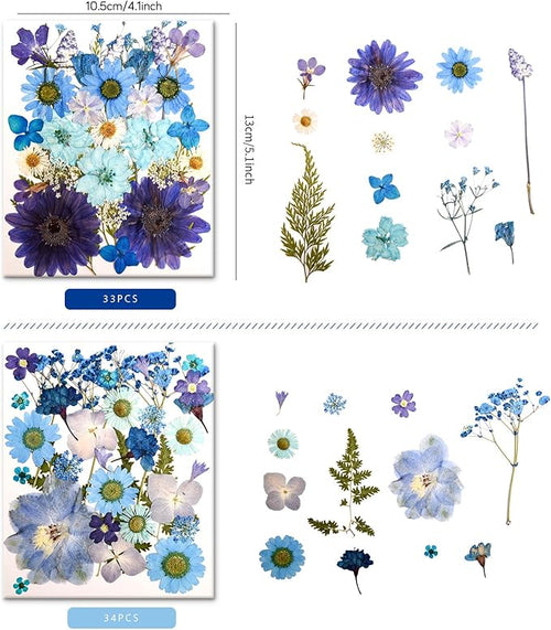 140 PCS Blue Real Pressed Dried Flowers and Leaves with Butterfly Stickers & Tweezers – Natural Dried Flowers for Resin, Candle, Jewelry, Scrapbooking & DIY Crafts (Blue 140)