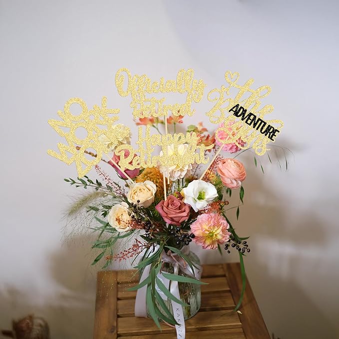 Ephlyn 16Pcs Happy Retirement Centerpiece Sticks Officially Retired Table Flower Centerpieces Sticks No Work Zone Floral Decorations for Farewell Birthday Party Centerpieces Supplies Gold
