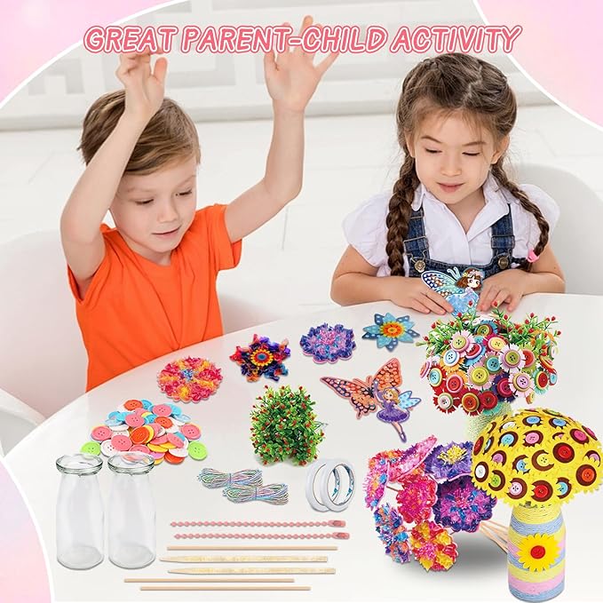 Mostop DIY Flower Crafts Kit for Kids Ages 6-10, DIY Flower Bouquet Craft Kit with Buttons, Felt Flowers and 2 Vase, Poke in Arts and Crafts Birthday Gift for Gilrs Age 6-8 8-10, Flower Making Kit