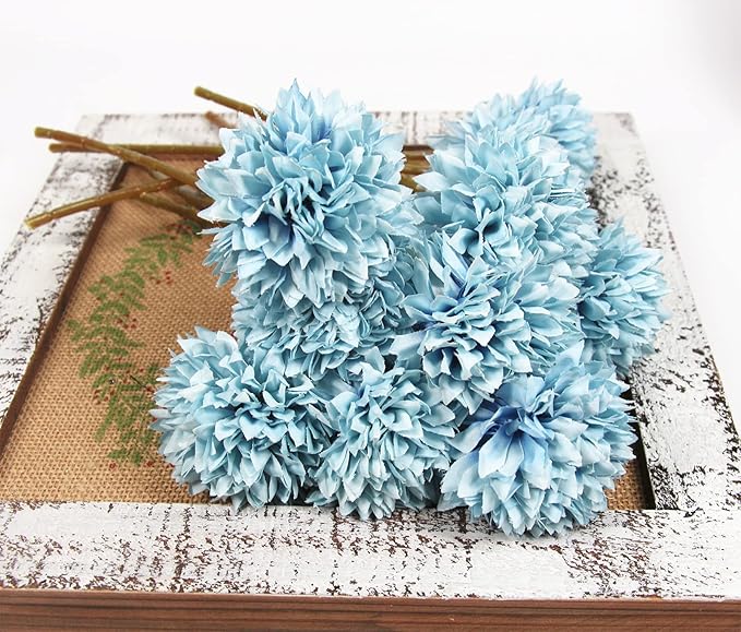 Tinsow 12 Pcs Artificial Flowers Faux Ball Chrysanthemum Bouquet Silk Light Blue Flowers Bridal Wedding Bouquet for Home Easter Party Wedding Decoration (Light Blue, 12)