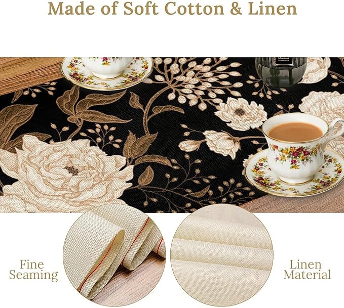 Vintage Flowers Table Runner,Black Gold Peony Rose Print Table Runner for Home Kitchen Table Dining Indoor Outdoor Party Decor 13x36 Inch