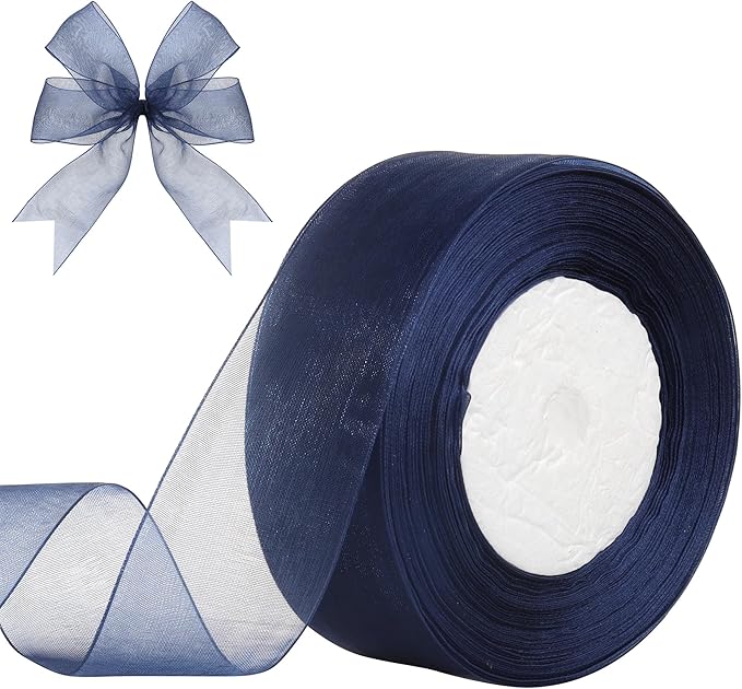 1-1/2 Inch x 50 Yards Sheer Organza Ribbon Chiffon Ribbon for Gift Wedding Flower Bouquet Wrapping Decorations Crafts (Navy Blue)