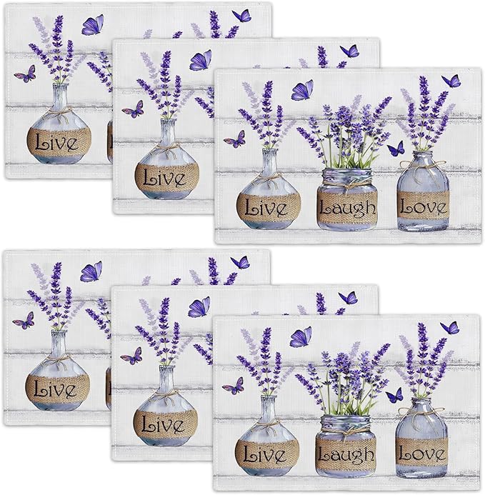 Lavender Flower Placemats Set of 6 Farmhouse Purple Floral Table Mats Washable Place mats for Home Party Indoor Kitchen Dining Table Decoration 12x18 Inch