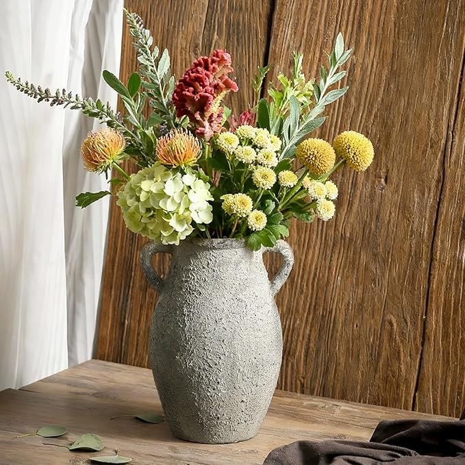 Ceramic Flowers Vase - Rustic Decorative Vase for Home Decor, 9 inch Vintage Terracotta Vase for Flowers, Pottery Vase with 2 Hanldes for Home Living Room Decor, Non-Slip Lyeec Vases