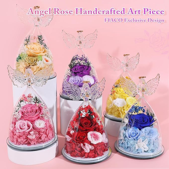 FIACO Gifts for Women Preserved Rose Forever Flower in Glass Angel Figurine Fresh Flowers for Delivery Mothers Day Birthday Gifts for Mom Grandma Wife Sister Red