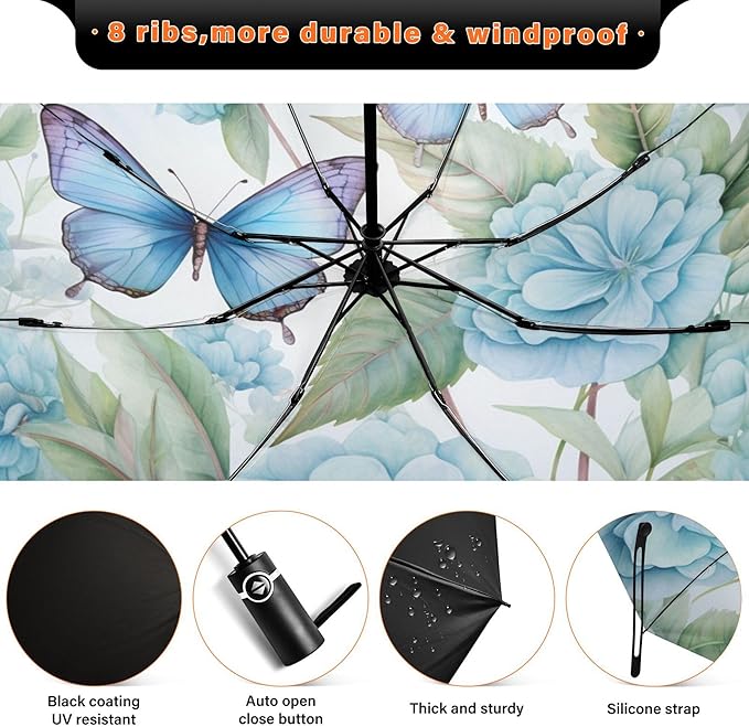 Automatic Folding Umbrella Windproof Strong, UV Protection Compact Floral Hydrangea Hummingbird Sun Rain Sun Rain Travel Umbrellas for Women Men