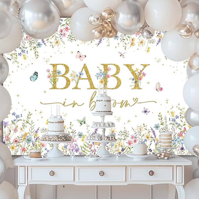 Avezano Baby in Bloom Backdrop Wildflower Baby Shower Party Decorations Watercolor Floral Baby in Bloom Banner Gold Glitter Butterfly Photography Background Cake Table Banner (7x5ft)