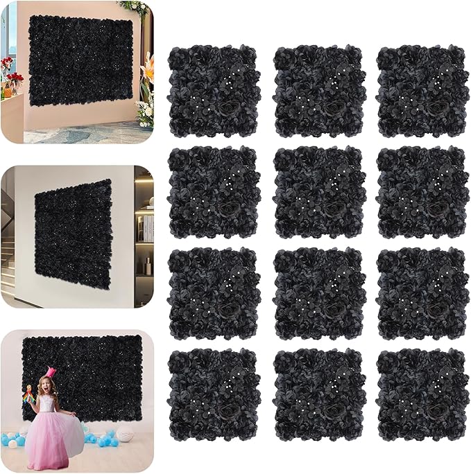 Flower Wall Panel Set,Black Artificial Wall Flower Backdrop,12 Pcs 14.96" X 14.96" 3D Silk Hydrangea Rose Floral Panel,Faux Roses Artificial Flower Backdrop for Wall Decor