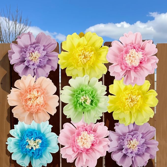 6PCS Pastel Paper Flowers Decorations Colorful Giant 12'' Crepe Tissue Paper Flowers Decorations Large Flowers for Wedding Birthday Baby Shower Classroom Wall Decor Supplies