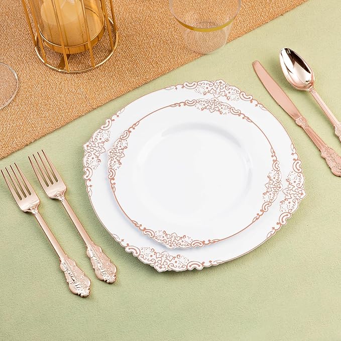 150PCS Rose Gold Plastic Silverware for 50 Guests, Heavy Duty Rose Gold Disposable Utensils Sets, Includes 50 Forks, 50 Spoons, 50 Knives, Elegant Cutlery Perfect for Party, Wedding
