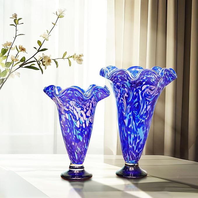 Luxury Lane Hand Blown Cobalt Blue Confetti Art Glass Flower Vase for Home Decor 10 inch Tall Centerpiece Table Decoration