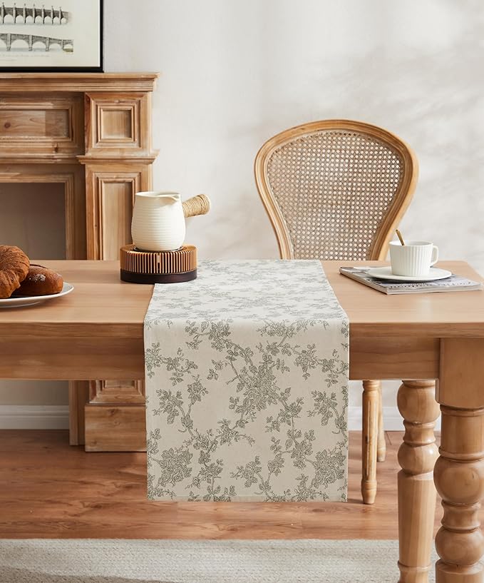 100% Cotton French Pastoral Table Runners, 13x90 Inch Green Farmhouse Table Runners 90 Inches Long, Vintage Flowers Print Home Decors