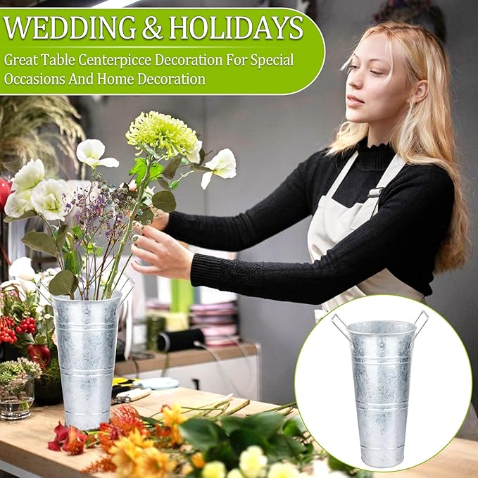 8 Set Galvanized Flower Buckets, 10 Inch Metal Vases for Flowers Rustic Flower Bucket Farmhouse Flower Bucket Vases with Small Chalkboard Label Flower Bar Supplies Rustic Vases for Home Garden Wedding