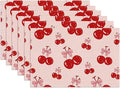Red Cherry Bow Placemats Set of 6, Linen Place Mat Washable Stain Resistant Table Mats for Farmhouse Kitchen Dining Holiday Party Wedding Decor 12x18 Inch