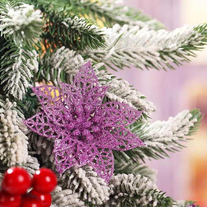 Boao Light Purple 24 Pieces Poinsettia Flower Christmas Glitter Artificial Poinsettia with Clips Christmas Tree Ornament Decorations for DIY Xmas Wreath Holiday Home Party Decor, 3/4/6 Inches