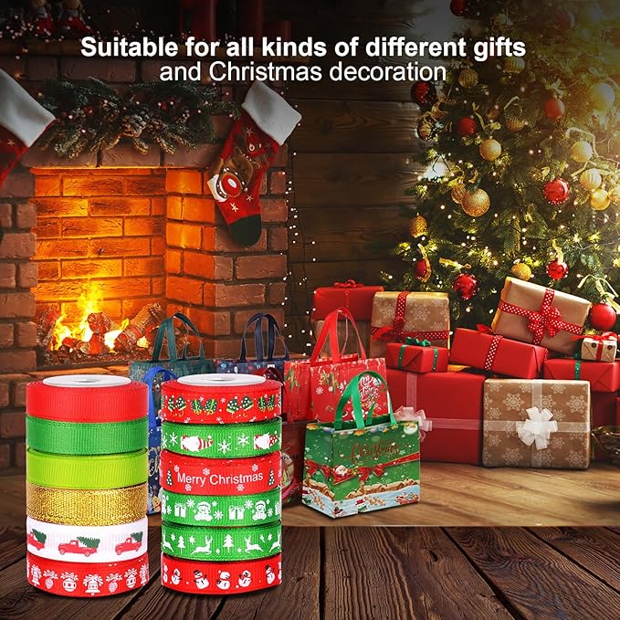 12 Rolls Christmas Wrapping Ribbons Grosgrain Satin Ribbons Red Green Gold Snowflake Merry Christmas Tree Snowman Santa Claus 10mm Wide for Holiday Festival Gift DIY Craft Decor, 60 Yard Total