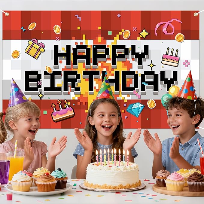 Pixel Happy Birthday Backdrop, 150x90cm/4.92x2.95ft Video Game Themed Banner Party Decoration Pixel Birthday Backdrop for Boys Girls Party Supply