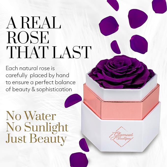 GLAMOUR BOUTIQUE Eternal Preserved Roses in a Box - Flowers Forever, Rose Forever in a Box for Wife, Birthday Gifts for Her, Single Rose, Purple