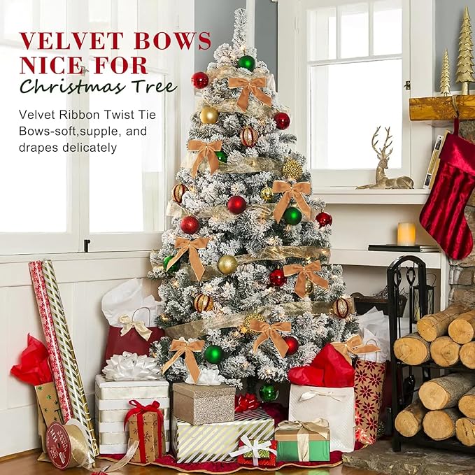 24 Pcs Camel Small Velvet Christmas Bows for Christmas Tree, Wreath, Gift Wrapping, Crafts, Wedding, Party, Twist Tie Bows for Treat Bag Bakery Candy Bags, Home Decor 1" W,3.5 x 3.5 inch