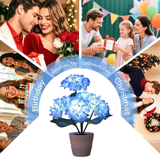 Blue Artificial Hydrangea LED Flower Pot - Lighted Floral Decor for Wedding, Christmas, Home Decor, Battery-Operated Night Light, Gift for Women