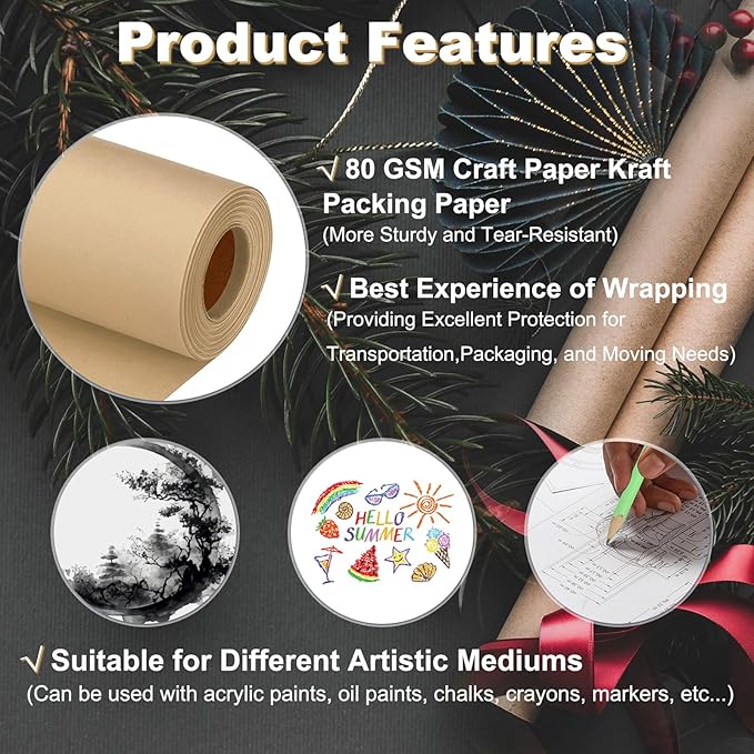 PATIKIL Wrapping Paper, 12"x1000"(80') Bulletin Board Paper Roll Kraft Paper Roll Construction 80GSM for Shipping Packing Gift Wrapping Craft Flower Bouquet Christmas, Brown