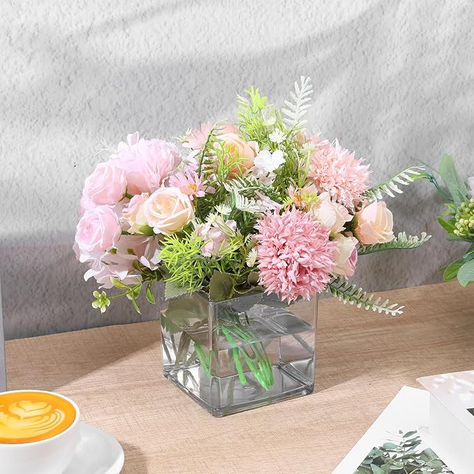 6 Pcs Square Acrylic Vase 4" x 4" Plastic Flower Acrylic Vases for Centerpieces Plastic Vase Cube Bulk Succulent Pots Planter Clear Square Vases for Centerpieces Plant Wedding Home Office Floral Decor