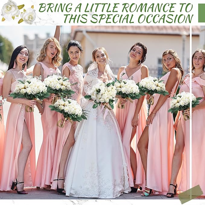 Zeyune 12 Pack Wedding Bridesmaids Bouquets 7 Inch Artificial Rose Bouquets Silk Flowers with Stems Fake Floral Bundles Bulk for Wedding Bridal Shower Party Centerpieces Home Decor(White)