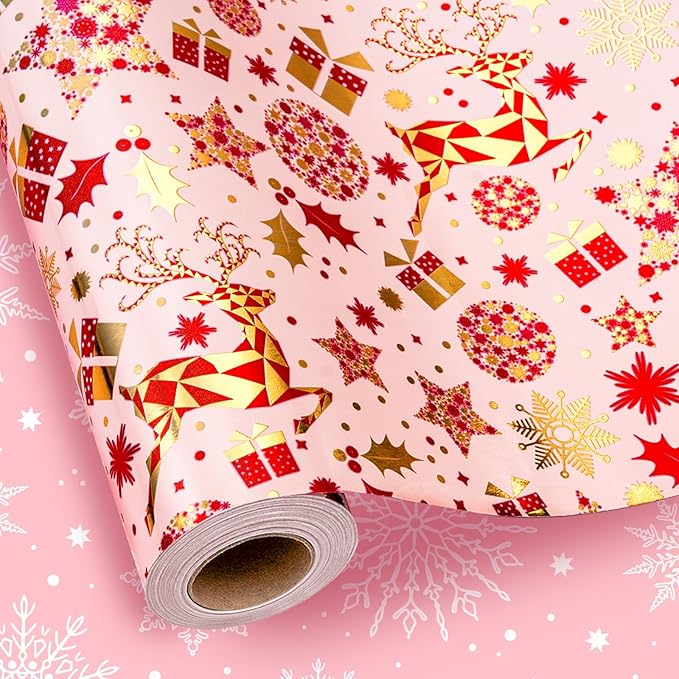 Yarcony Pink Christmas Gift Wrapping Paper, Reindeer Wrapping Paper, Elegant Vintage Pink and Gold Deer Girls Holiday Gift Wrap with Metallic Shine for Christmas Presents, Party (17Inch x 33Feet)