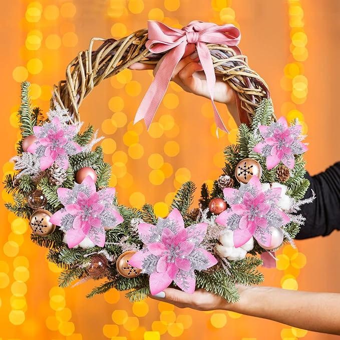 Geosar 36 Pcs Christmas Glitter Artificial Poinsettia Flowers Xmas Poinsettia Artificial Wedding Flowers Decorations Xmas Tree Ornaments with Clips for Party, 6 Inch, 4 Inch, 3 Inch(Pink and Silver)