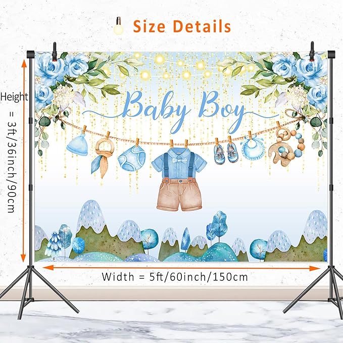 Blue Floral Baby Shower Backdrop Banner Decorations for Boy,Oh Baby Boy Outfit Backdrops Banner Watercolor Flower Photography Background for Baby Shower Party Supplies Photo Booth Props 5x3ft