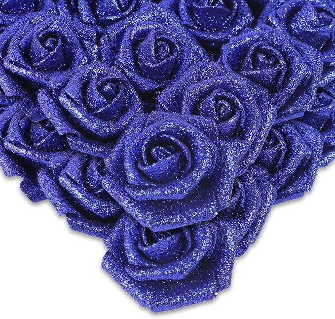 IPOPU Foam Roses,50pcs Royal Blue Glitter Roses Glitter Flowers Foam Flowers with Stem for DIY Wedding Bridal Bouquet Home Party Decoration(Royal Blue)
