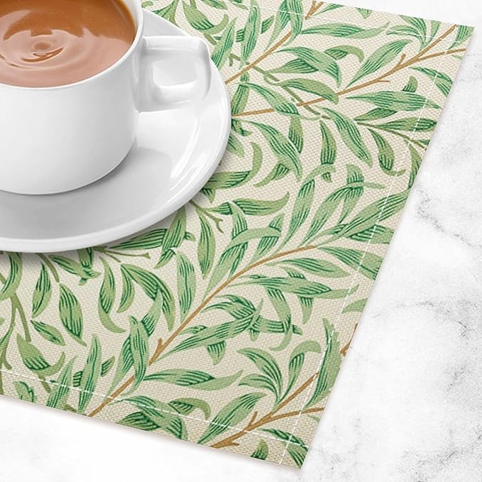 William Morris Vintage Botanical Placemats Set of 6, Retro Leaves Boho Plant Place Mats, Heat Resistant Non Slip Cotton Linen Dining Table Mats for Home Kitchen Party 18x12 Inch