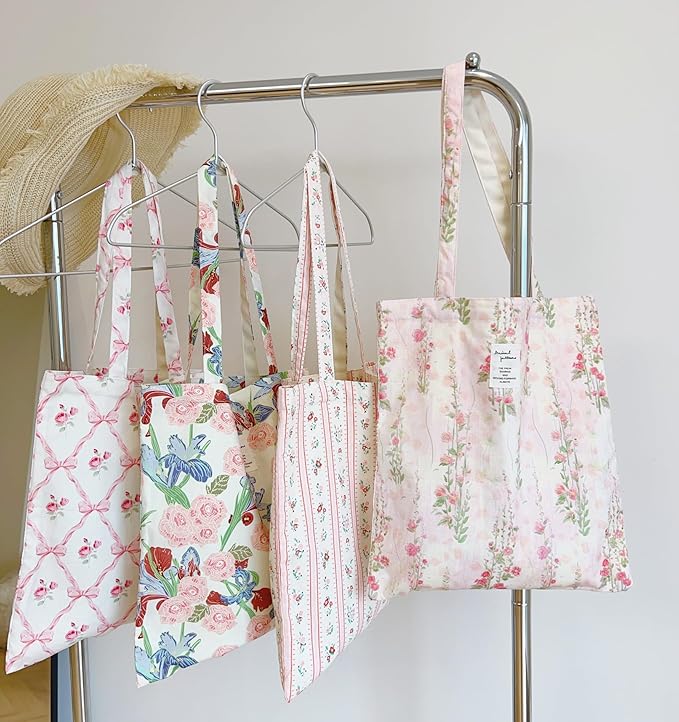 Cotton Canvas Tote Bag Reusable Soft Grocery Cloth Bag Floral Shoulder Bag for Beach Travel Shopping