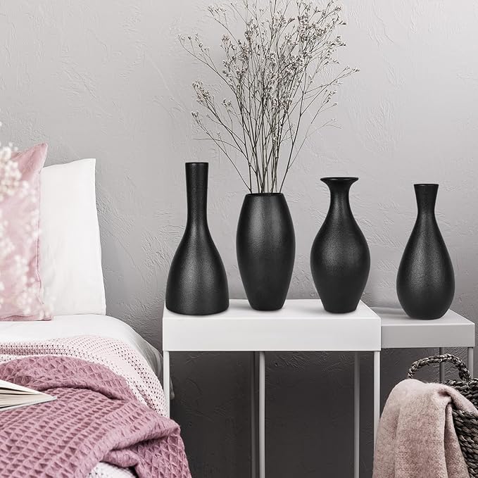 Black Ceramic Vases Set of 4, Handmade Classic Matte Vases for Home Decor,Rustic Bud Vases Decorations for Table,Shelf,Office,Housewarming, (Black)