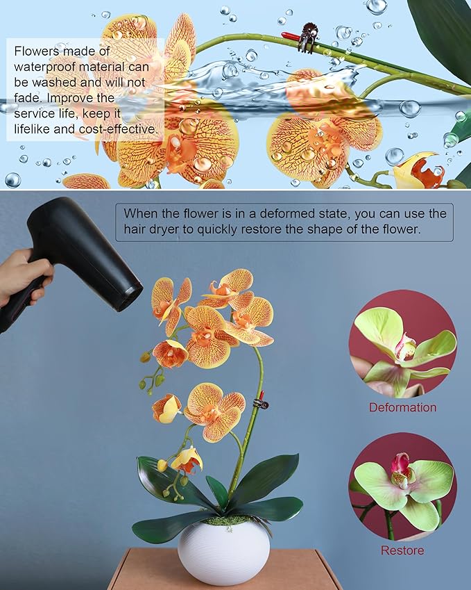 Forlaoers 17" Orange Artificial Orchids That Look Real with Pot Fake Orchid in Vase Artificial Flowers for Home Decor Indoor Office Table Centerpieces Bathroom Decoration
