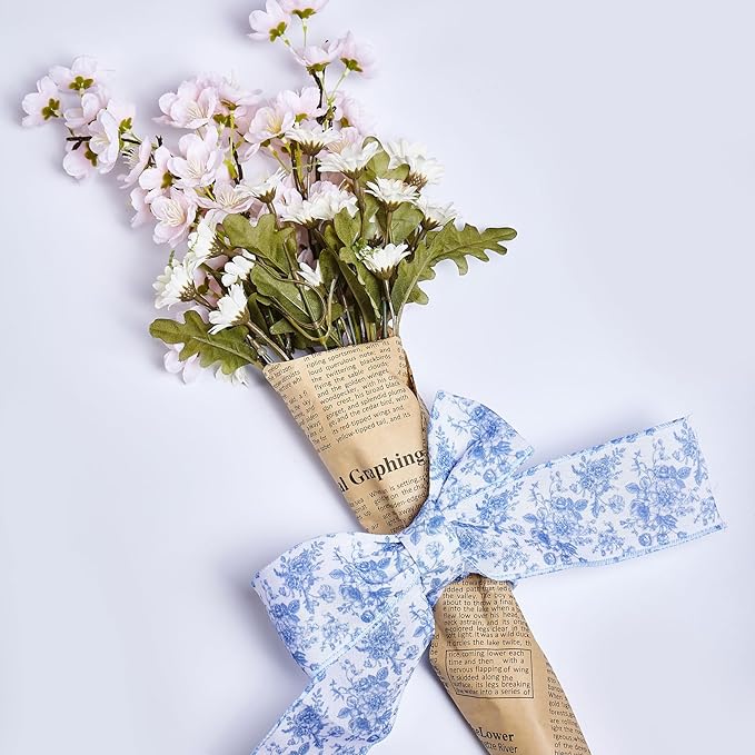 Blue Floral Wired Ribbon 2.5 Inch Vintage Flower Chinoiserie Printed Fabric Ribbon for DIY Crafts Wreath Bow Making, 15 Yards
