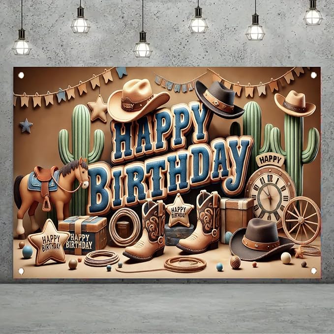 Western Cowboy Happy Birthday Banner Backdrop Rustic Wild West House Barn Photo Banner Party Decorations Boots Hat Cactus Horse Rope Photo Background Props 71 x 43 inch