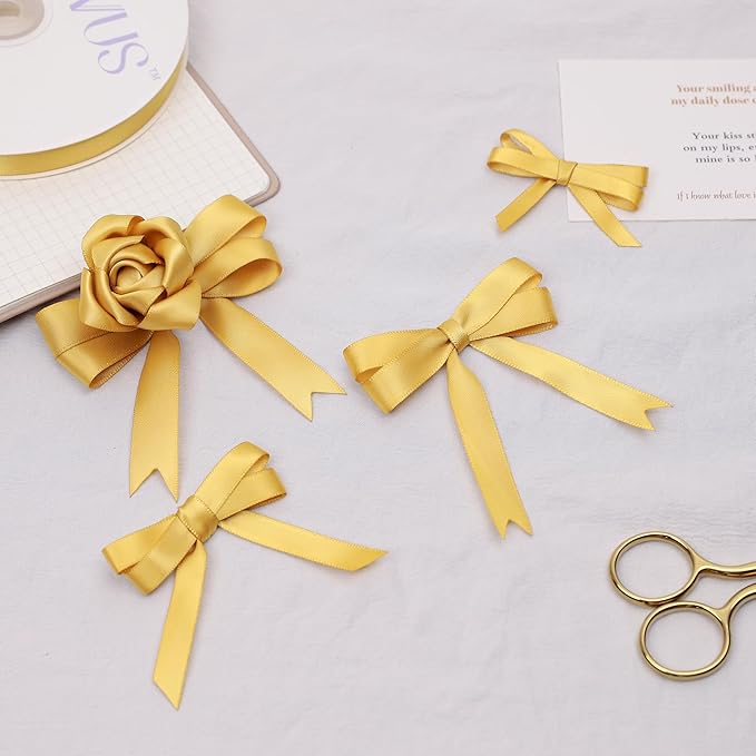 Light Gold Satin Ribbon, Double Faced 3/8 Inch X 25 Yards Light Gold Ribbon, Premium Satin Ribbon for Gift Wrapping, Crafts, Hair Bow Making, Sewing, Flower Bouquet, Wedding Party Decor