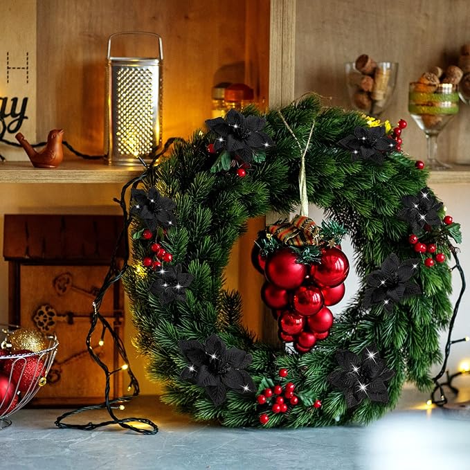 WILLBOND 24 Pcs 3 Size Poinsettia Flower Artificial Christmas Decor Glitter Poinsettia Christmas Ornaments Faux Flowers for Xmas Tree Outdoor(3.2/4/6 Inches,Black)