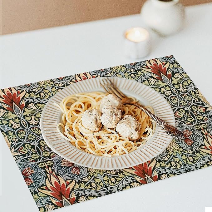 Vintage Flower Placemats Set of 4, William Morris Retro Boho Botanical Plant Place Mats, Heat Resistant Non Slip Cotton Linen Dining Table Mats for Home Kitchen Party 18x12 Inch