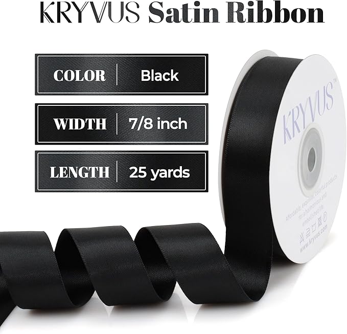Black Satin Ribbon, Double Faced 7/8 Inch X 25 Yards Black Ribbon, Premium Satin Ribbon for Gift Wrapping, Crafts, Hair Bow Making, Sewing, Flower Bouquet, Wedding Party Decor