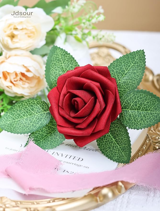 50pcs Artificial Flower，Real Touch Foam Roses w/Stem DIY for Wedding Bouquet Centerpieces Party Shower Home Decor-Dark red
