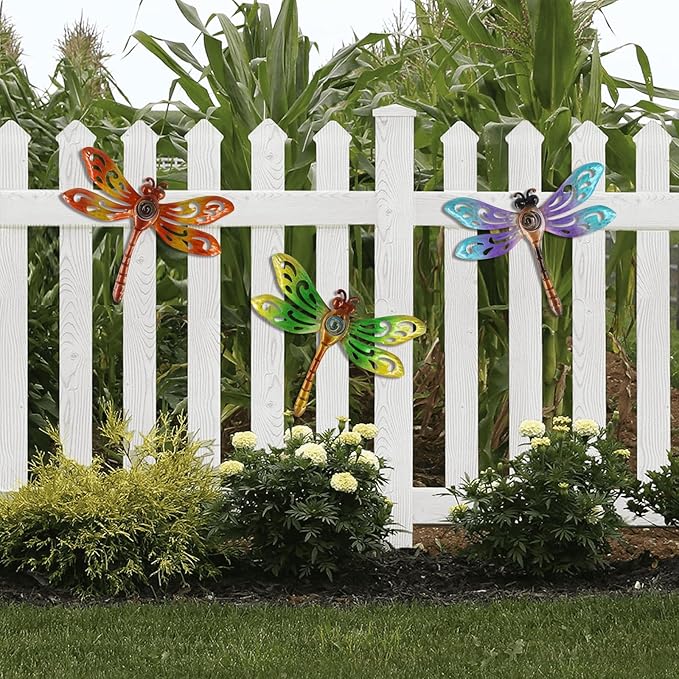 Dragonfly Wall Art Decor, Metal Indoor Outdoor Fence Outside Christmas Decorations for Living Room Bedroom, 9 Inch 3 Pack, Hand-made Vibrant Ornament Sculpture for Patio Balcony