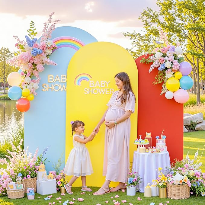 Rainbow Arch Backdrop Cover 7.2FT 6.6FT 6FT Stretchy Wedding Arch Covers Set of 3 Spandex Fitted Blue Yellow Red Fabric Backdrop Cover for Party Baby Shower Birthday Decoration