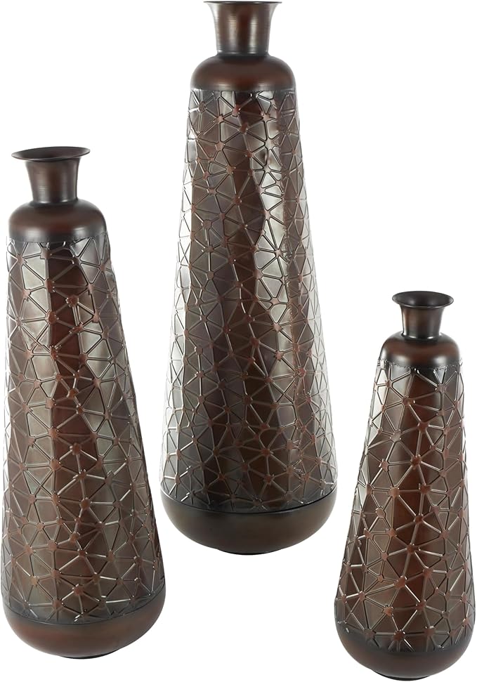 Deco 79 Metal Decorative Vase Tall Teardrop Shaped Centerpiece Vases with Hammered Texture, Set of 3 Vases for Home Decoration 53", 43", 32" H, Dark Brown