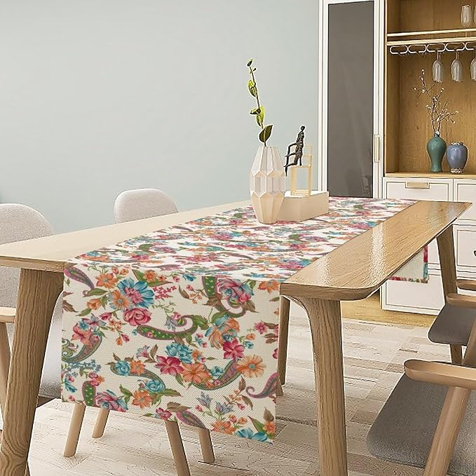 Boho Floral Table Runner, Colorful Bohemian Paisley Flower Design Table Runner for Kitchen Dining Home Party Decor, 13x90 Inch